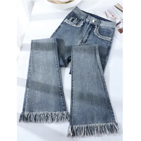 Korean Fashion Women's Pants Vintage Jeans Woman High Waist Streetwear Straight Leg Jeans Y2k Female Clothing Flare Denim Blue