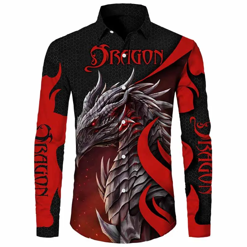 

Sleeve Buttoned Casual Turn-down Cool Flying Tops Shirts Dragon Streetwear Collar Print Symbol 3D Tattoo Short/Long Men's Shirts