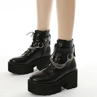 gothic punk platform ankle boots women autumn womens chain block high heel woman black ladies shoes female footwear plus size