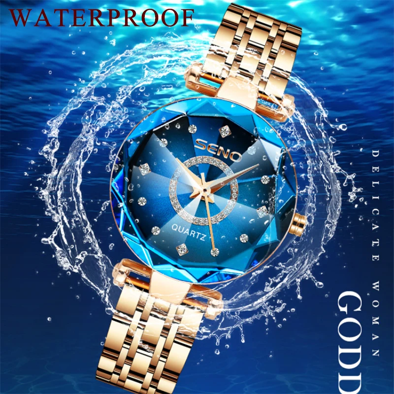 Elegant Crystal Watches for Women Luxury Brand Quartz Waterproof Leather Strap Blue Diamond Ladies Wrist Watches Reloj Mujer
