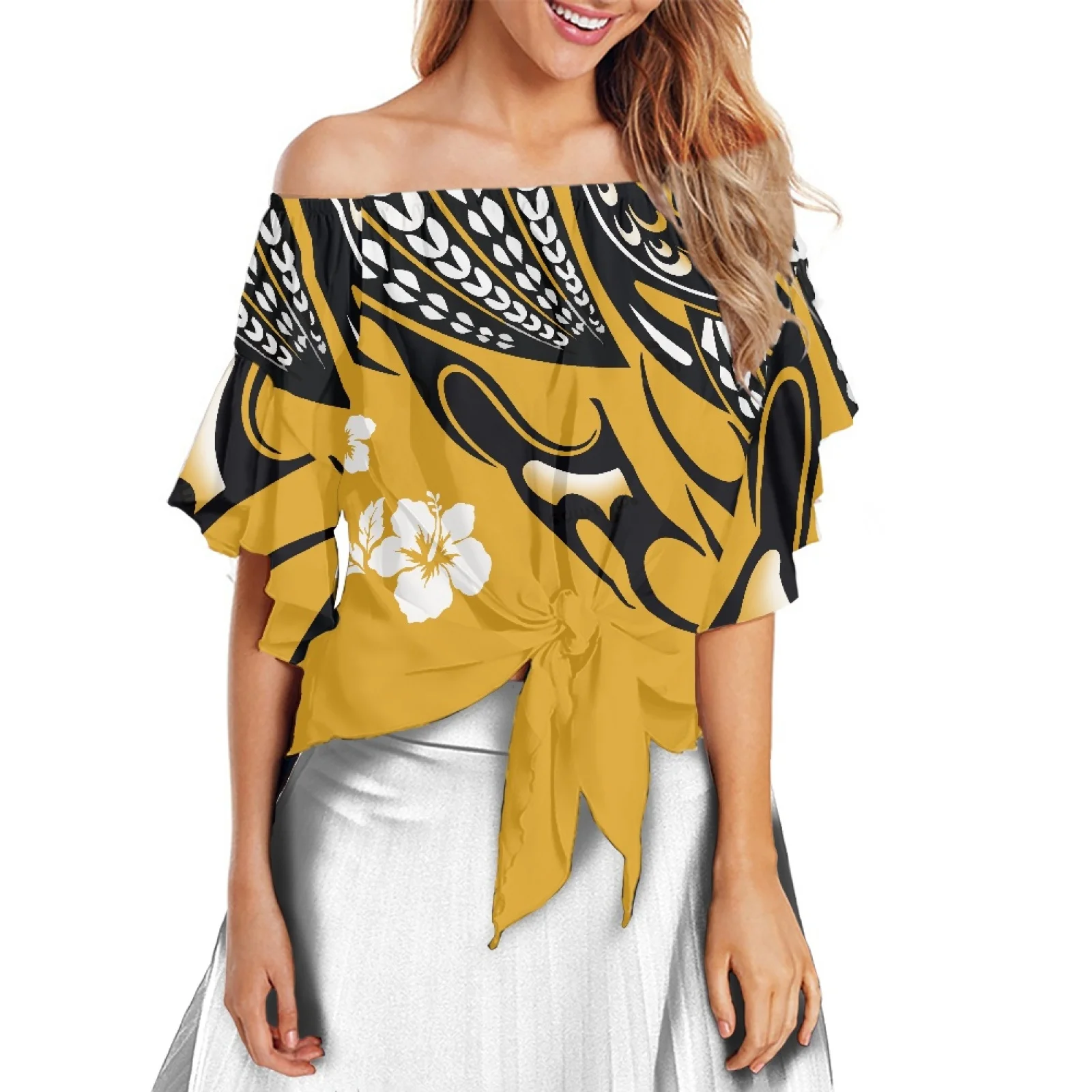 

Polynesia Tribe Off Shoulder Tops 100% Polyester Women Shirt Flare Sleeve Retro Style Luxury Design Hibiscus Printing Blouses