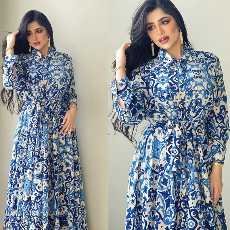 Floral Abaya Turkish Kimono  Dubai Women Long Sleeve Shirt Dresses Muslim Fashion Evening Gowns Turkish Ladies Boho Dress