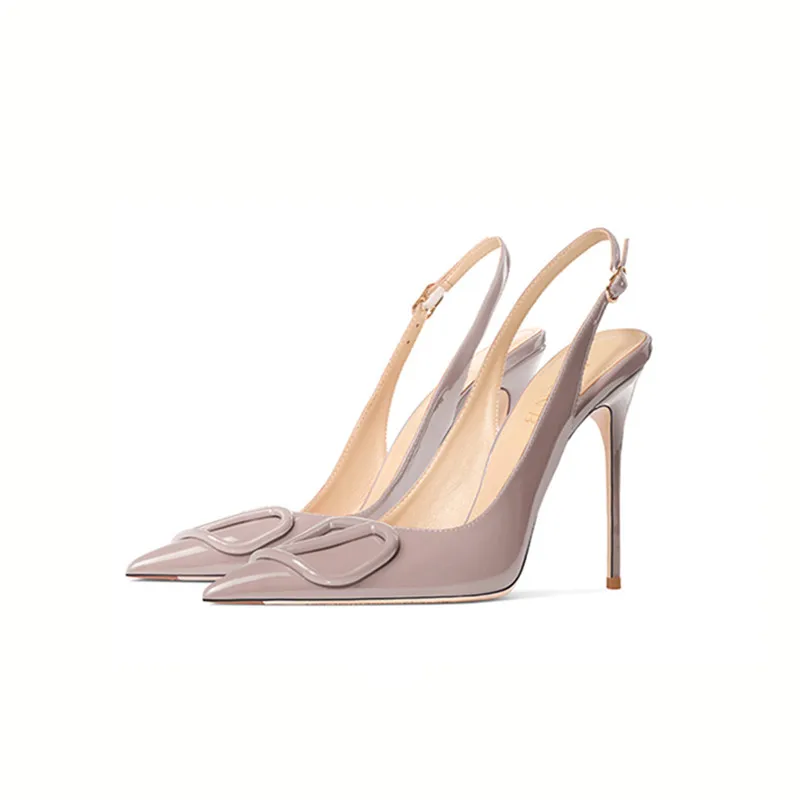 

Women White Heels Fashion Slingback Genuine Leather Summer Shoes with Metal Elegant Ladies Sandals Bright Poined Toe