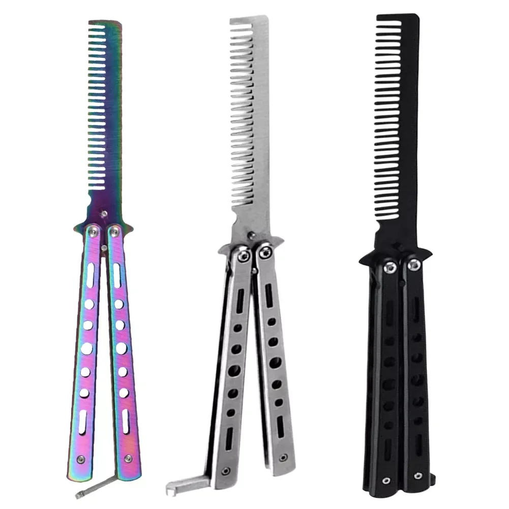 

NEW IN Comb Stainless Steel Practice Training Butterfly Knife Comb Beard Moustache Brushe Salon Hairdressing Styling Tool