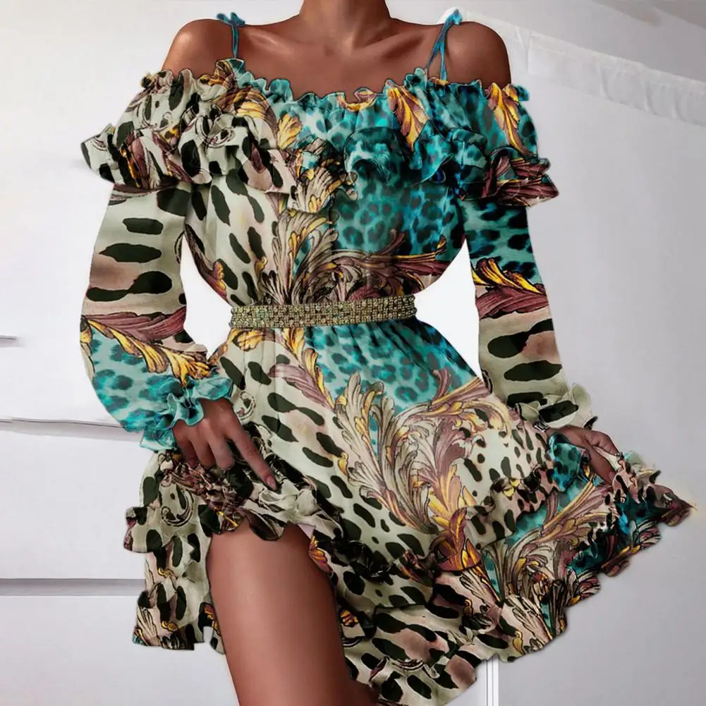 

Summer Dress Women 2022 Sling Elastic Waist Long Sleeve Ruffles Frill Hem Mini Dress Leopard Print Off Shoulder Women Clothes