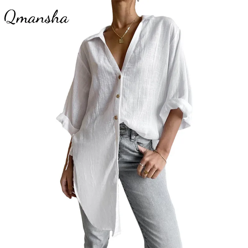 Womens Tops Fashion Side Tie Seven-point Trumpet Sleeve Dovetail Casual Solid Color Cotton and Linen Long Shirt Blouse Camisas