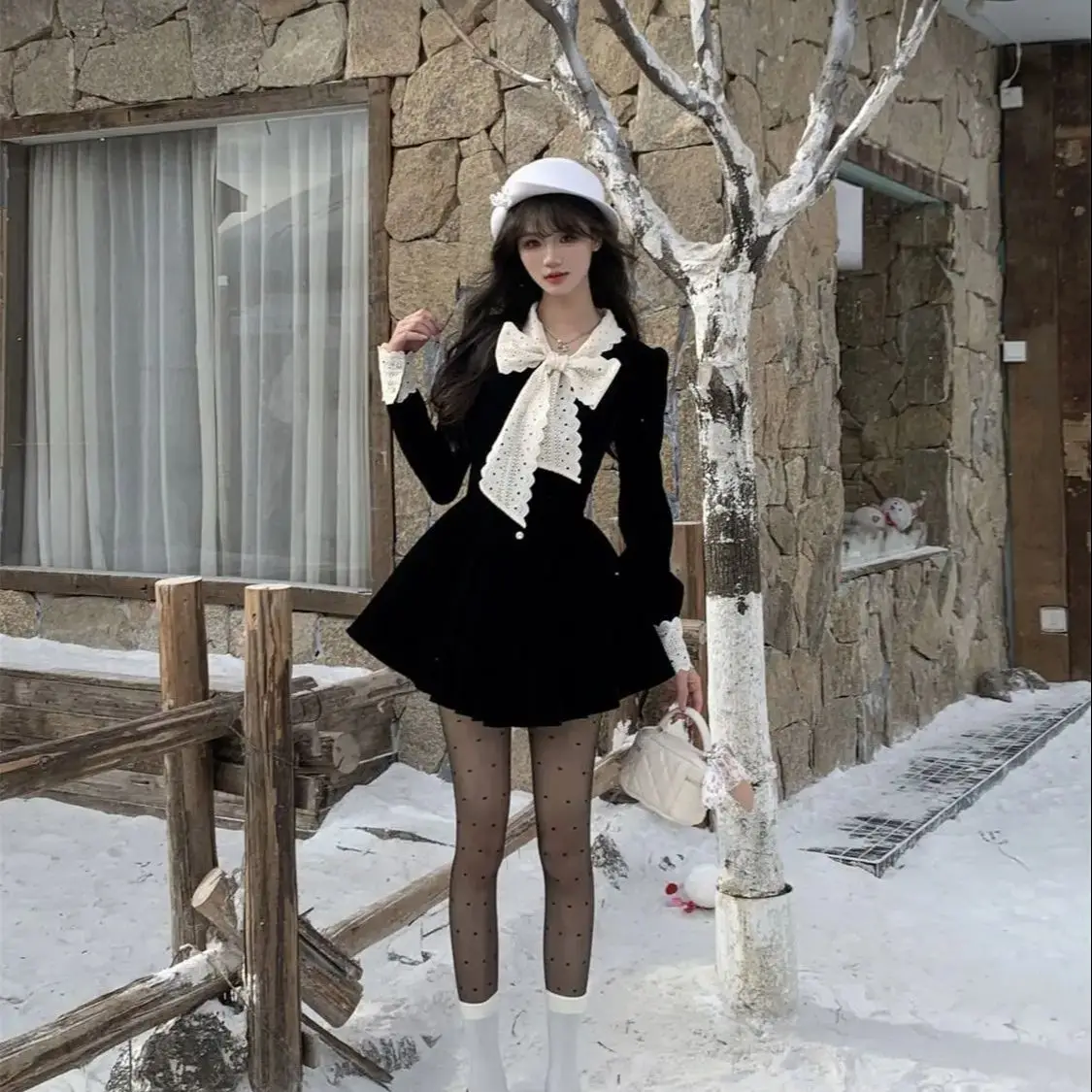 Корейское ретро французское черное бархатное платье Xiaoxiang осенне-зимнее новое