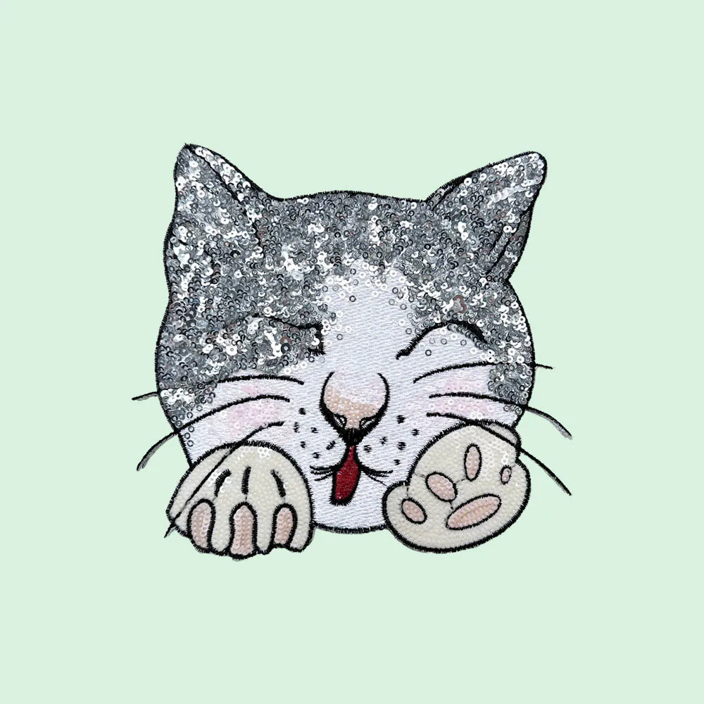 Серебряная нашивка с блестками и головой кошки стильное полиэстеровое