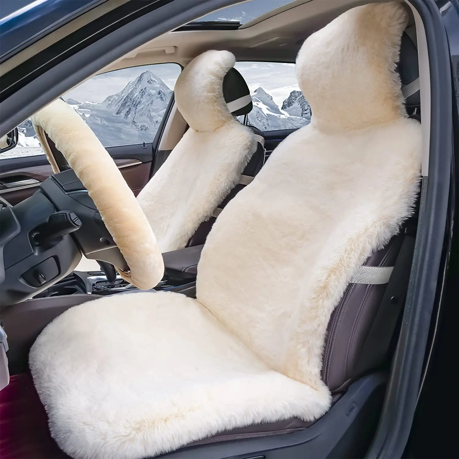 

Sheepskin Seat Covers Full Set Wool Car Seat Cover Winter Warm Plush Car With Fuzzy Steering Wheel Cover 2 Front Fluffy Cushions