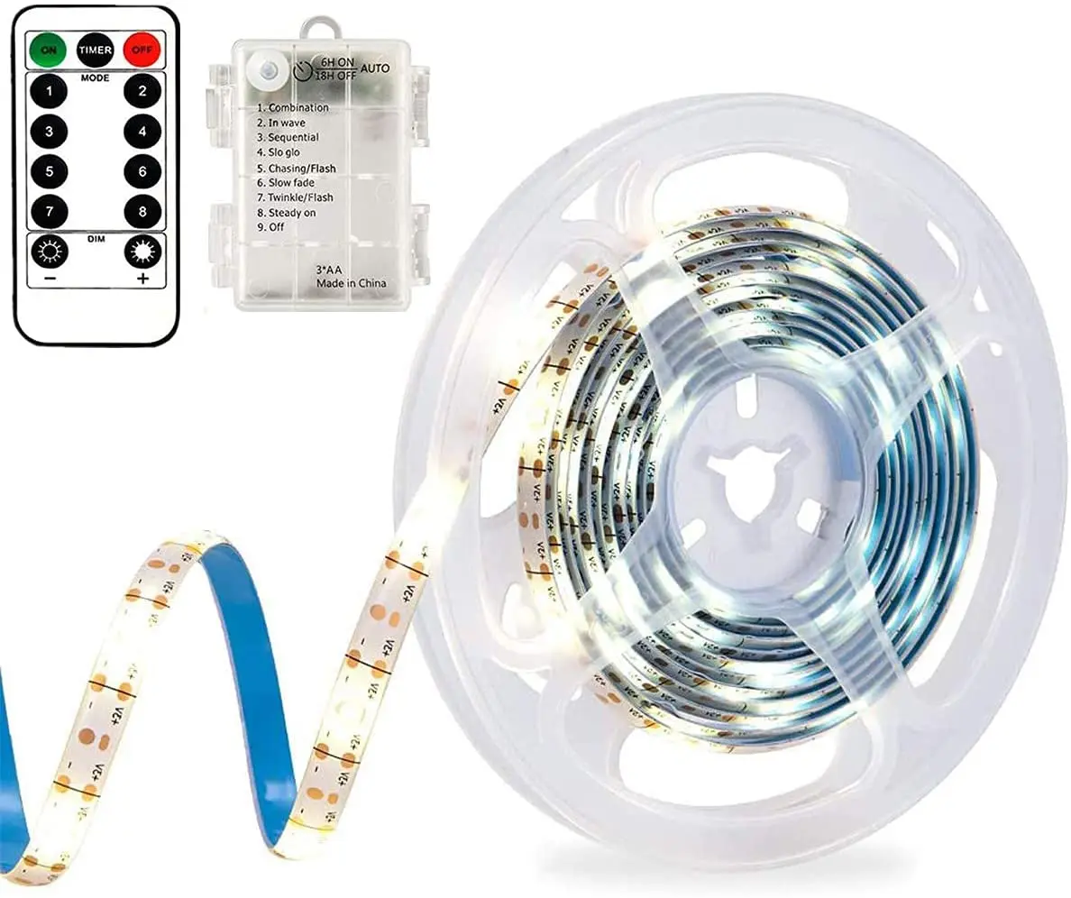 

Battery LED Strip Lights White with Remote Control, 6.56Ft 60 LED Light Strips Waterproof, 8 Modes, Dimmable, Self-Adhesive