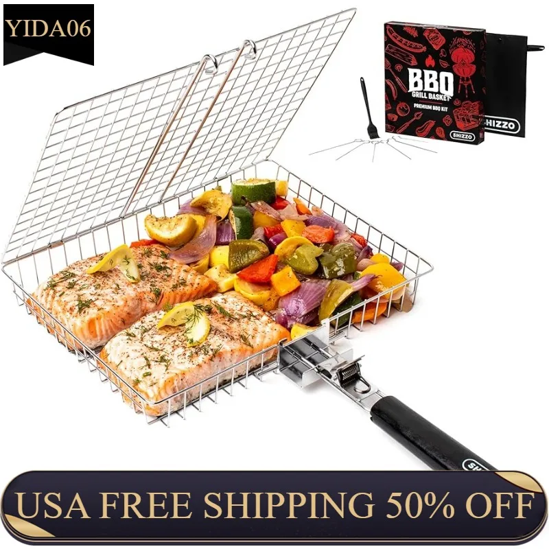 

Grill Basket, Barbecue BBQ Grilling Basket , Stainless Steel Large Folding Grilling baskets With Handle Outdoor Camping BBQ