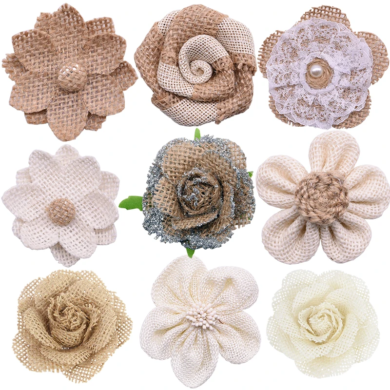 

5pcs Vintage Natural Jute Burlap Hessian Bows Rose Artificial Flower for Wedding Christmas Party Decoration DIY Handmade Bowknot