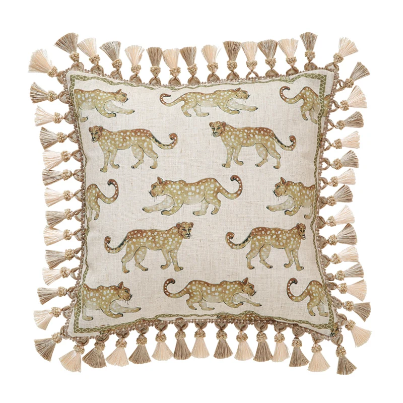 

Medicci Home Eclectic Style Panther Thorw Pillowcase With Tassels Natural Linen Flax Cushion Cover For Unique Living Space Decor