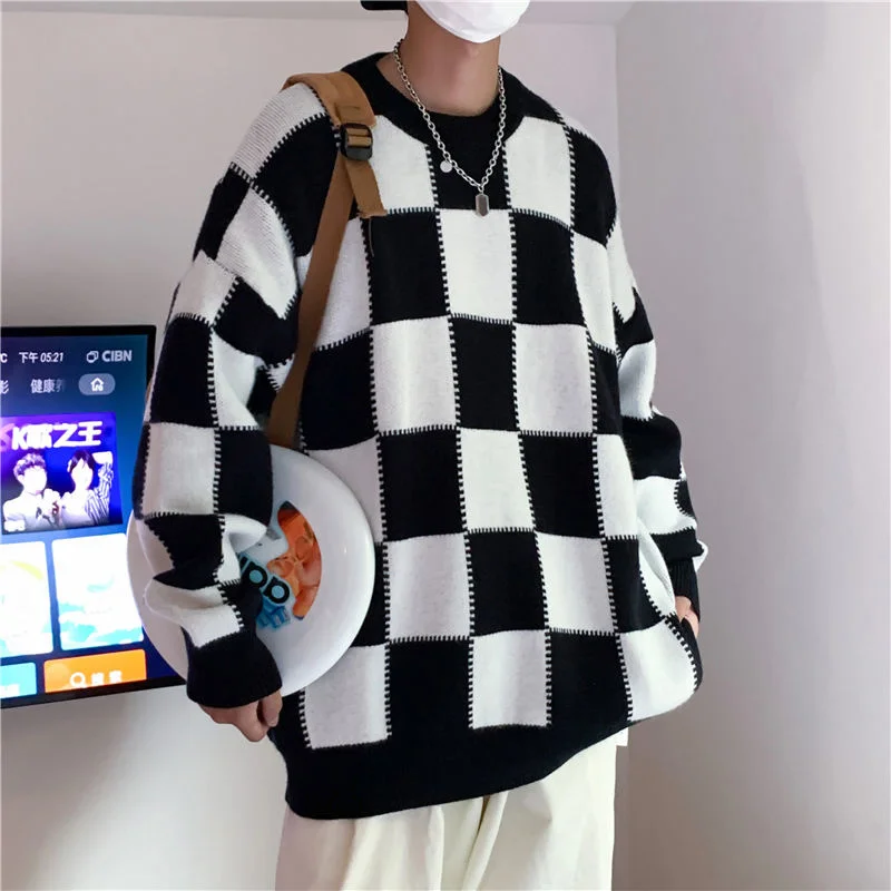 

Autumn Plaid Sweater Men Warm Fashion Casual Round Neck Knit Pullover Men Korean Loose Long Sleeve Sweater Mens Jumper Clothes