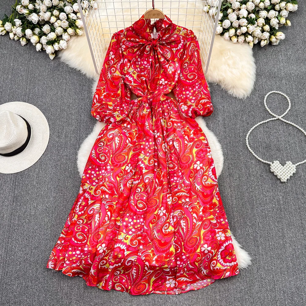 

Весенне-осеннее винтажное элегантное платье с длинными рукавами-фонариками и бантом на шнуровке, приталенное Цветочное платье