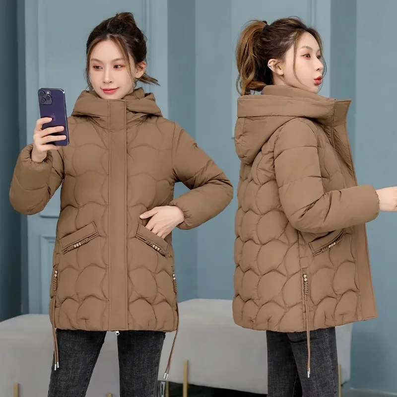 

2023 New Korean Fashion Elegant Women Padded Cotton Coats Hooded Parkas Meidum Long Warm Winter Jacket Puffer Overcoat