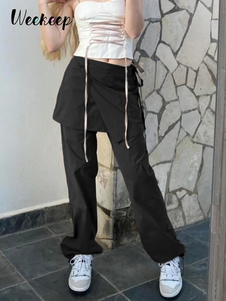 

Weekeep y2k Drawstring Cargo Pants with Removable Design Skirt Women Jogging Fashion Sweatpants Harajuku Streetwear Casual Pants