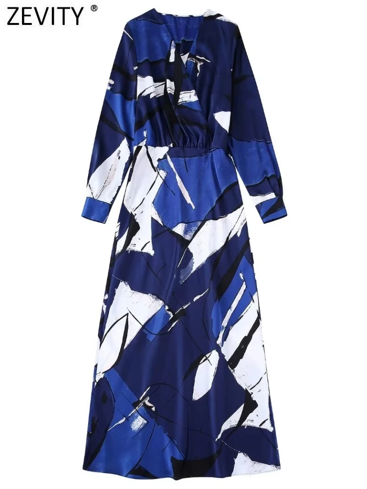 

Zevity New Women Vintage Cross V Neck Color Matching Patchwork Print A Line Midi Dress Female Business Slim Party Vestido DS2666