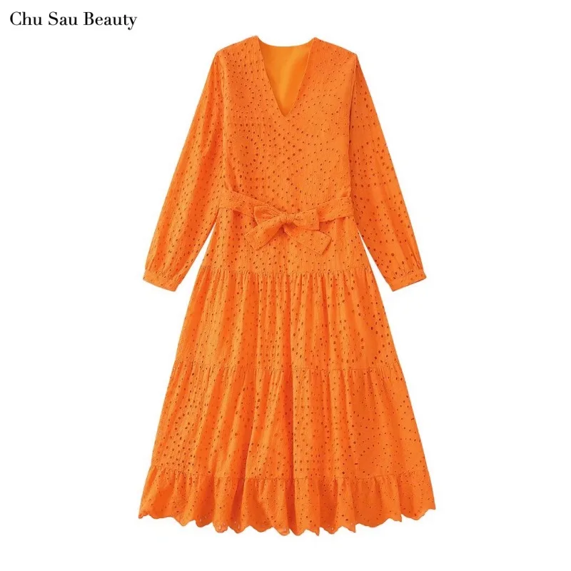 

New Za Women Cutout Embroidered Dress with Belt Sexy V-Neck Long Sleeve Dress Chic Patchwork Ruffle Hem Casual Resort Style