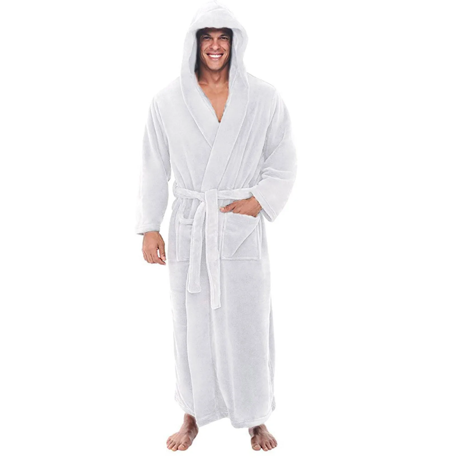 

Men's Winter h Robe Coat Lengthened Shawl Bathrobes Home Hooded Long Sleeved Casual Soft Loungewear Robe Coat