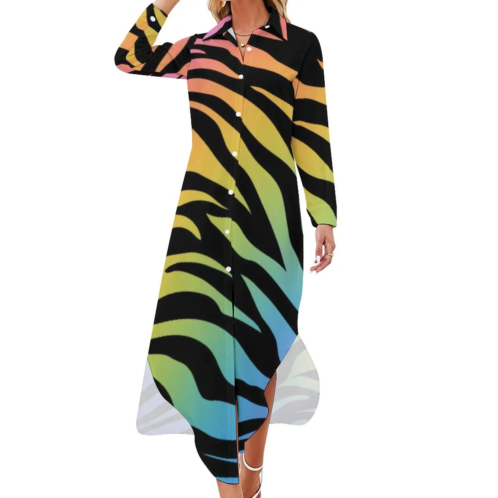 

Zebra Stripes Rainbow Casual Dress Animal Gradient Print Aesthetic Dresses Sexy V Neck Beach Chiffon Dress Vestido 3XL 4XL 5XL