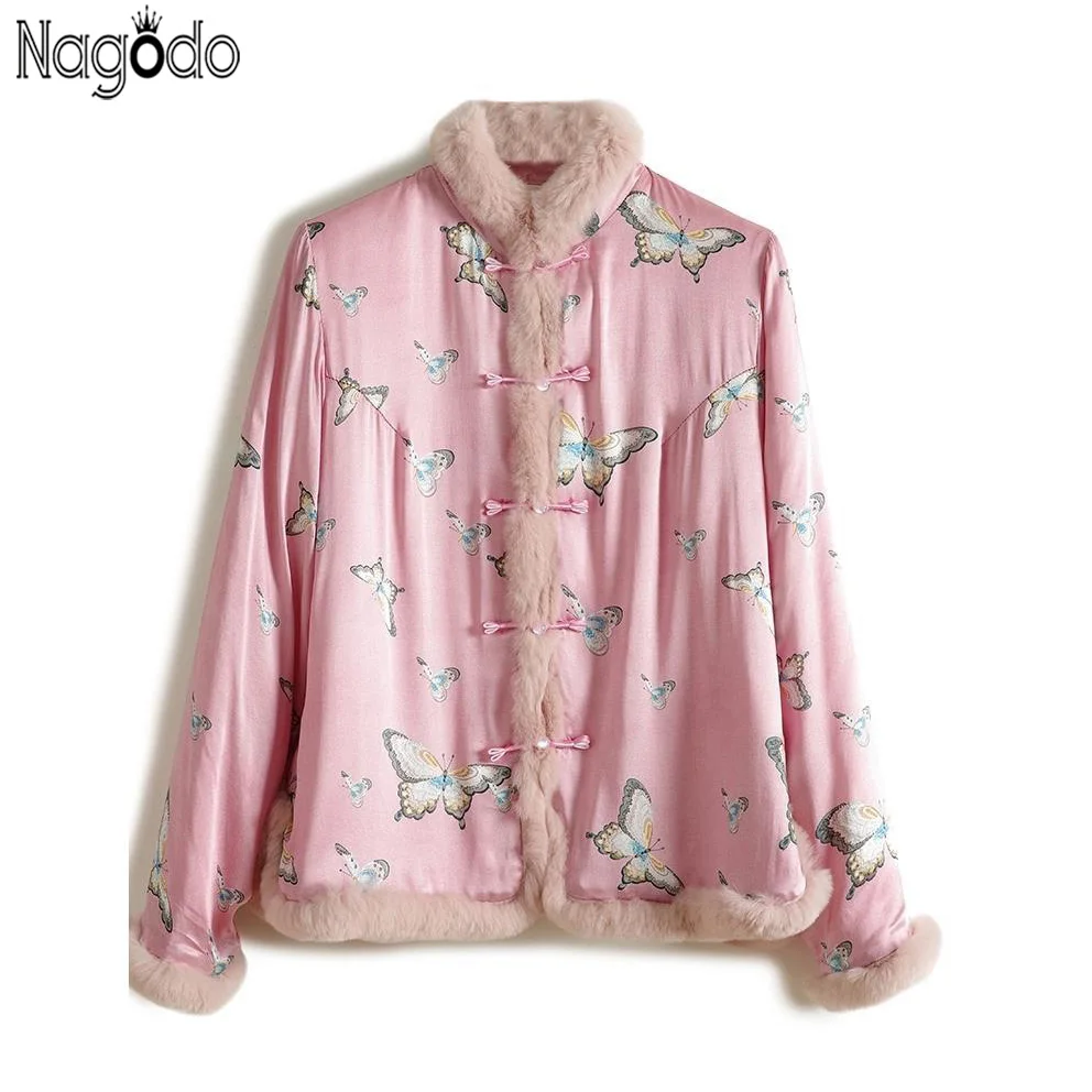 Nagodo Pink Fur Women Coats 2022 Chinese Style Buckle Printing Cotton padded Jacket Abrigo Mujer Luxury Silk Winter Coat