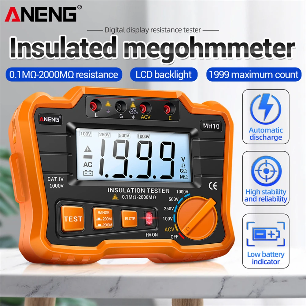

Цифровой мегомметр ANENG MH10, мегомметр, измеритель сопротивления заземления, 100-1000 В Ом, тестер напряжения, мегомметр, вольтметр