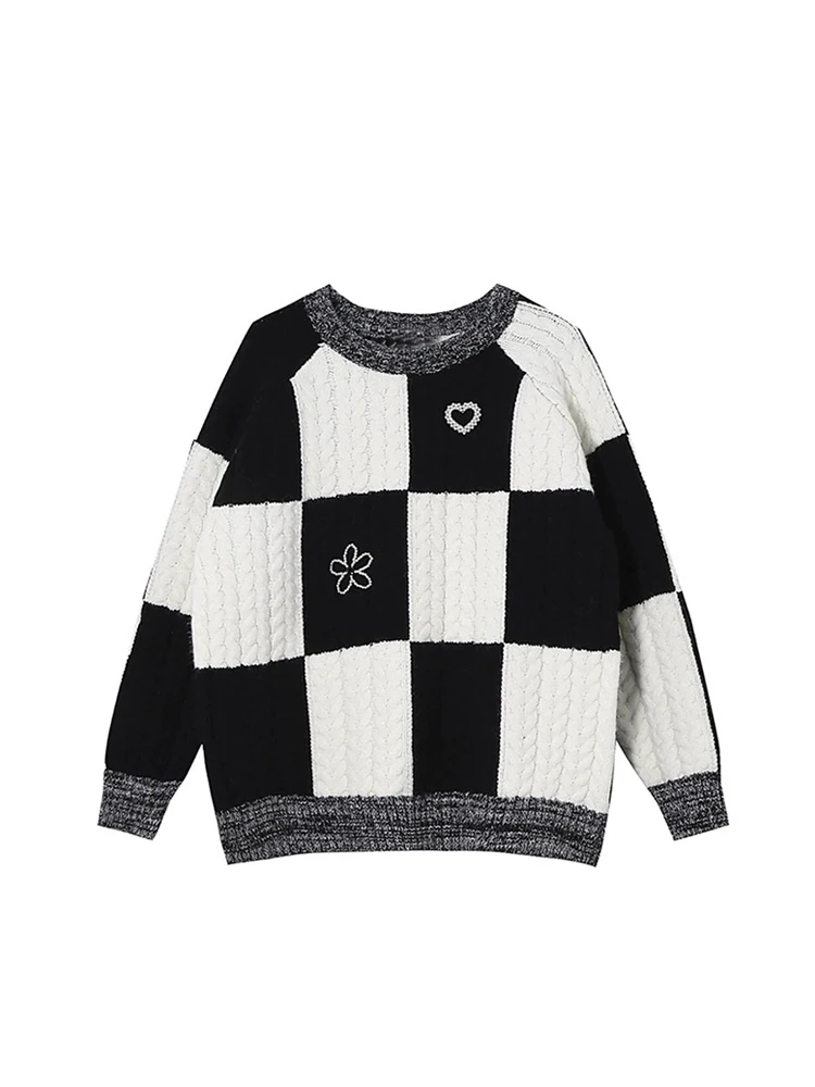 

Модный Простой Классический Клетчатый свитер, вязаные пуловеры с круглым вырезом и длинным рукавом, шикарная осенне-зимняя уличная одежда контрастных цветов