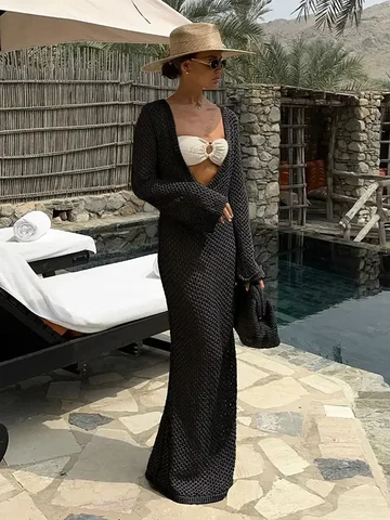 Сексуальное вязаное платье макси с U-образным вырезом и рукавами-колокольчиками, лето 2024, женские купальники, женские бикини, накидки, праздничный вязаный крючком пляжный наряд K21