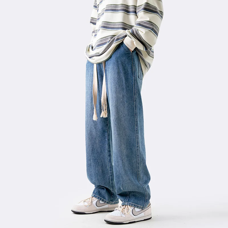 Blue Black Baggy Jeans Men Fashion Drawstring Casual Straight Jeans Men Streetwear Korean Loose Denim Pants Mens Trousers S-3XL