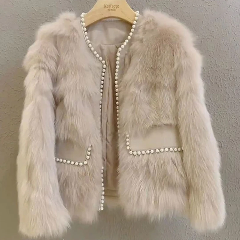 Young Ladies Beaded Fox Fur Coat 2022 Winter New Korean Style Elegant Women's Thickened Three-button Short Faux Fur Jackets