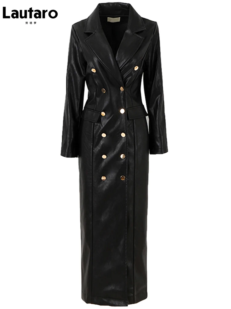 Lautaro весна осень удлиненный черный плащ из искусственной кожи для женщин