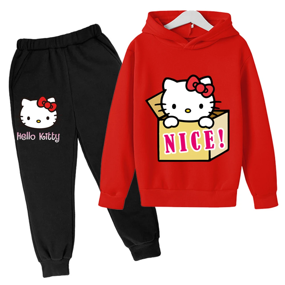 

New Fashion Hello Kitty Hoodies Sets Boys Girls Sweatshirts Trousers Clothes Outfits Spring Autumn Cartoon Casual Clothing Suits
