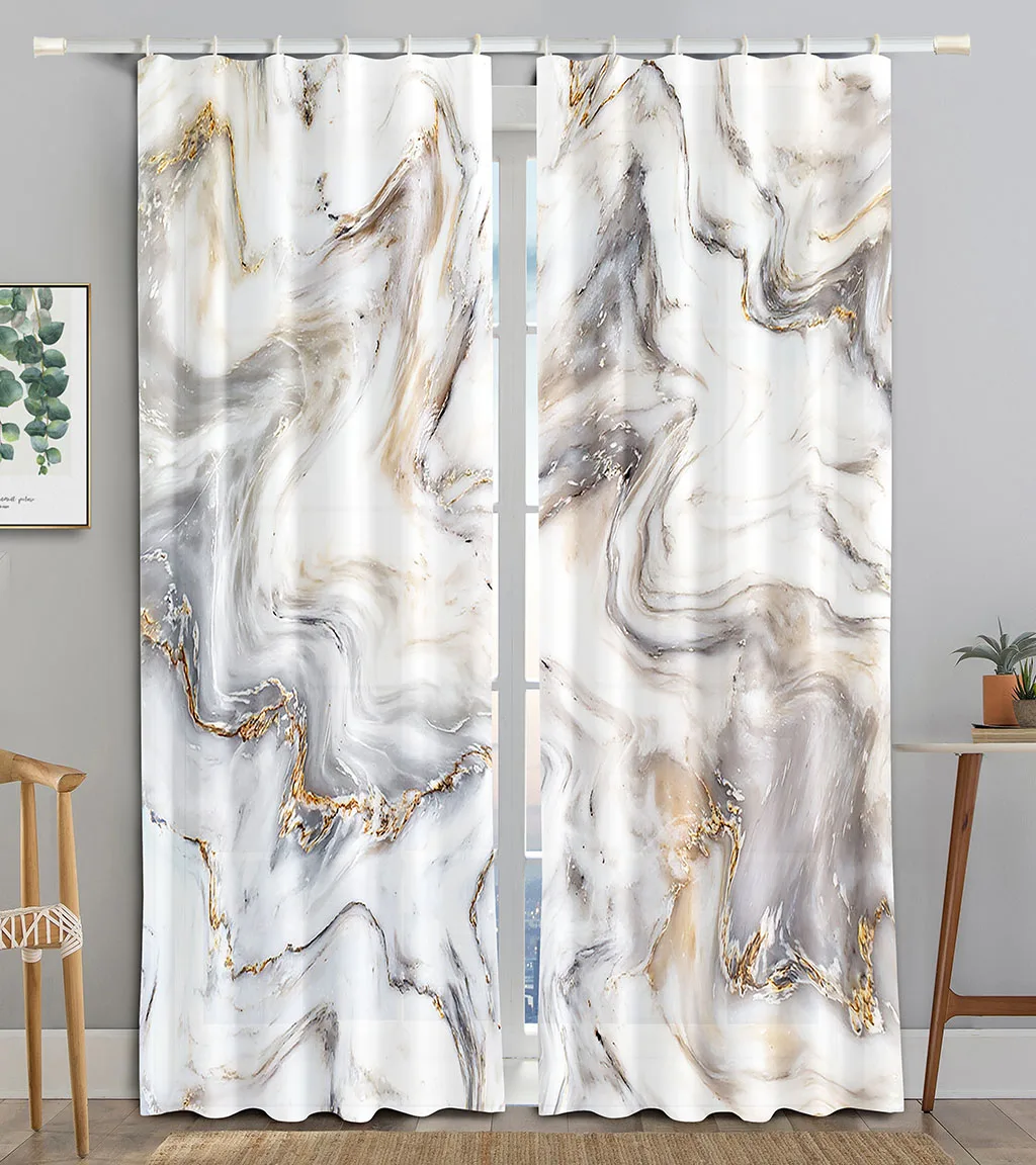 

White&grey Modern Black Blue Texture Marble Abstract Design 2 Pieces Shading Window Curtain For Living Room Bedroom Decor