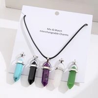 5pcslot natural crystal hexagonal pendants and necklaces for women men jewelry bohemia stone multiple colour charm necklace set