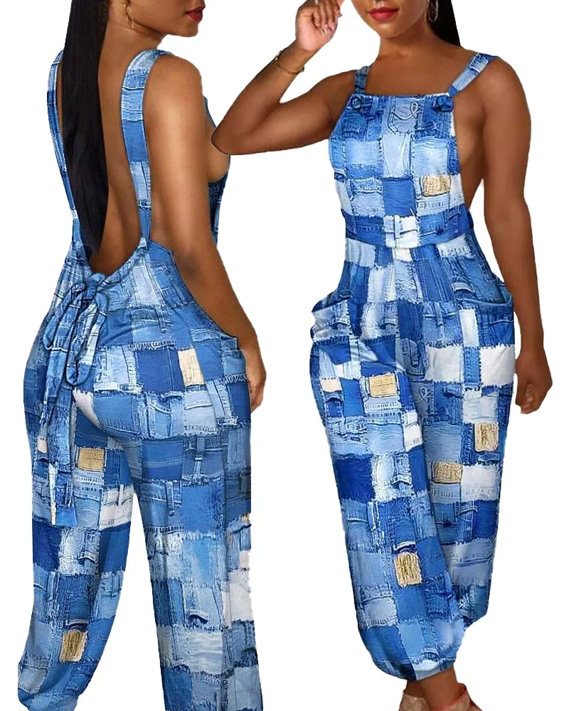 

Lovely Straps Pocket Loose Women Jumpsuit Sexy Backless Sleeveless Printing Leisure Rompers Female Casual Bodysuit