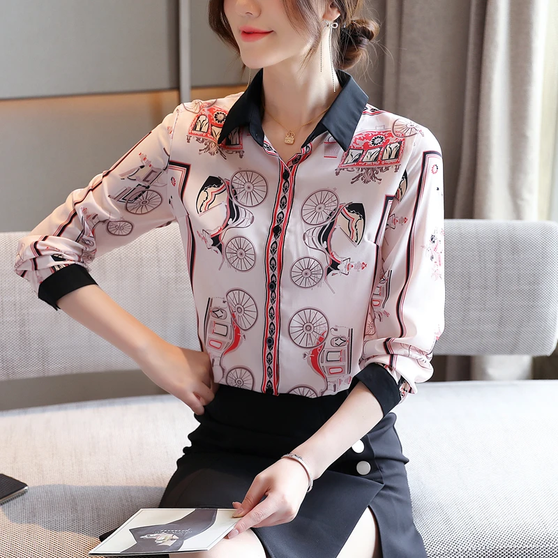

Autumn New Women's Blouse Long Sleeve Stitching Polo Shirt Printing Chiffon Casual Fashion Loose Top Houthion
