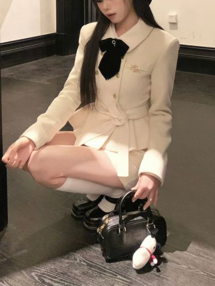 Осенне-зимнее винтажное элегантное женское пальто с бантом Y2k + повседневная