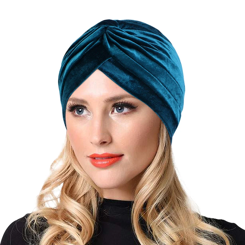 

New Velvet Ruffle Knotted Turban Solid Color Muslim Islamic Hijab Thick Head Wrap Hair Loss Chemo Cap Casual Hair Accessories