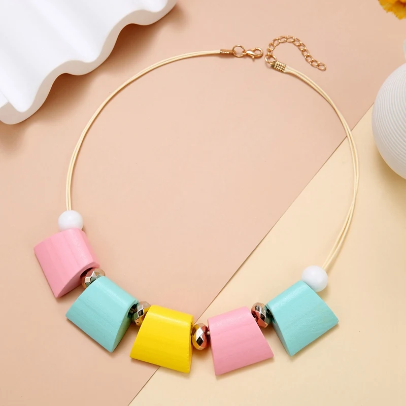 

Sweet and Charming Candy Color Bib Pendants Necklaces Statement Geometric Wooded Necklace for Women Party