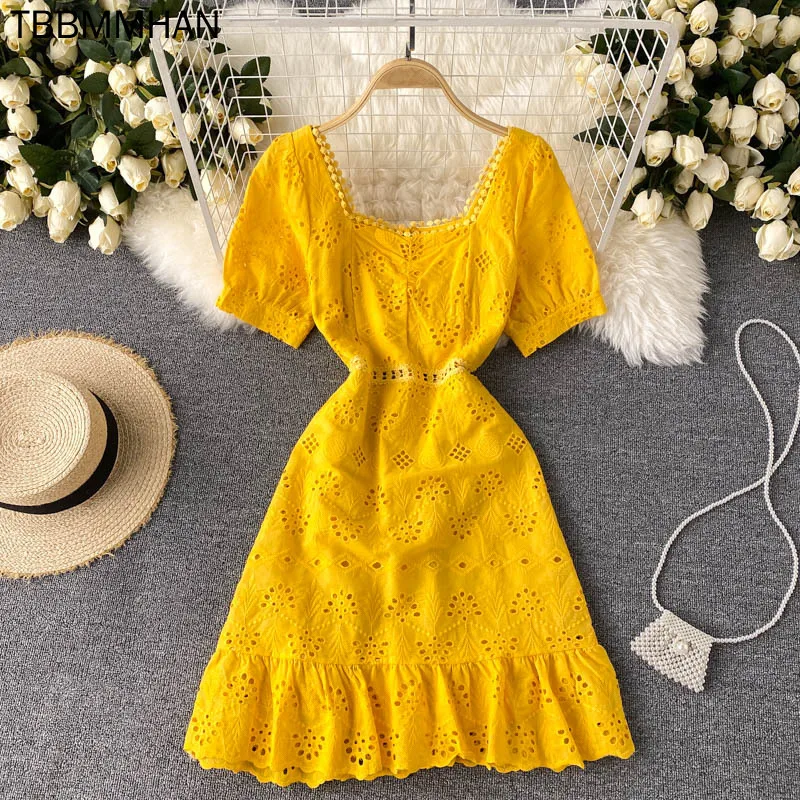 

Yellow/Pink/Blue Hollow Out Mini Dress Women Summer Square Collar Short Puff Sleeve Vintage Vestidos Ladies Ruffle Robe New
