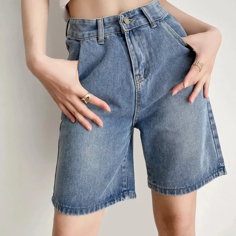 Summer 2023 New Loose Korean Fashion Y2k Straight Short Pants Blue Thin New Women's Clothes High Waist Vintage Denim Shorts Chic