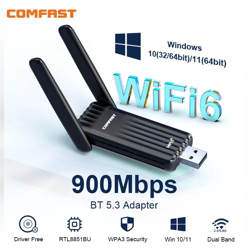 Фото COMFAST 900 Мбит/с Wi-Fi 6 BT 5,3 USB-адаптер двухдиапазонный 2,4/5G RTL8851BU Беспроводная сетевая карта с бесплатным накопителем для ноутбуков, ПК Win 10/11 №1