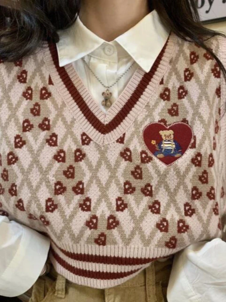 

Deeptown Preppy Style Kawaii Bear Embroidery Sweater Vest Women Harajuku V-neck Knitted Jumper Vintage Argyle All-match Tops Y2K