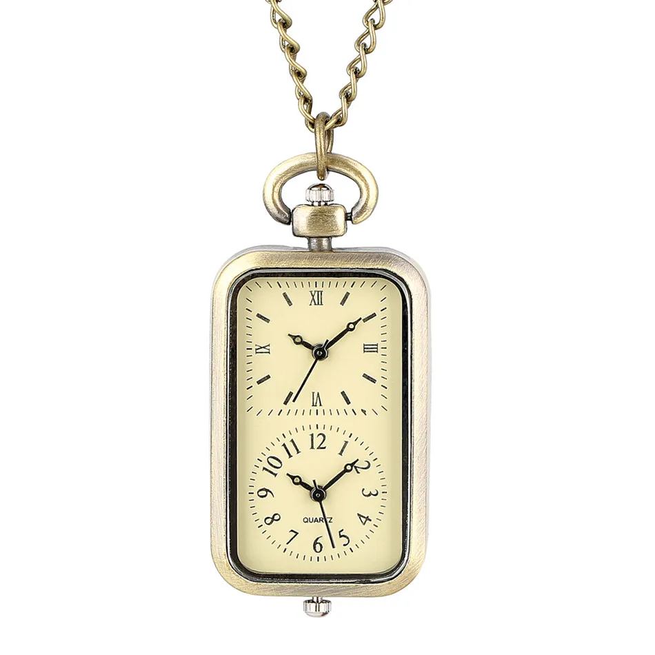 Dual Time Zone Bronze Quartz Pocket Watch Rectangle Shape Necklace Watch Fob Chain Retro Accessory Gifts for Men Women