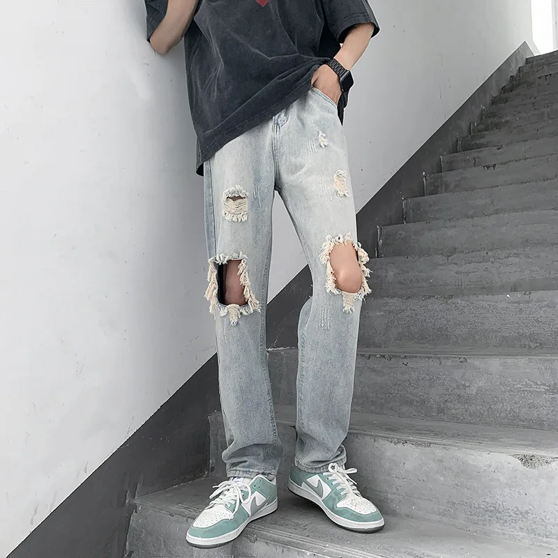 

Джинсы мужские длинные в стиле ретро, модные трендовые джинсовые брюки с прямыми штанинами, уличная одежда до колена с дырками, Y2k, лето 2023
