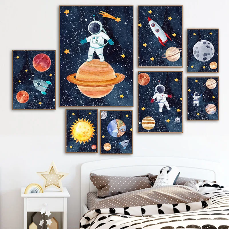 

Planet Rocket Star Astronaut Cartoon Poster And Prints Nursery Wall Art Canvas Painting Wall Pictures for Baby Kids Room Decor