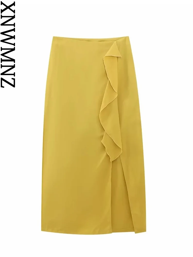 

XNWMNZ 2023 Women Fashion Ruffle Linen Blended Midi Skirt Vacation High Waist Front Split Side Zipper Female Chic Skirt