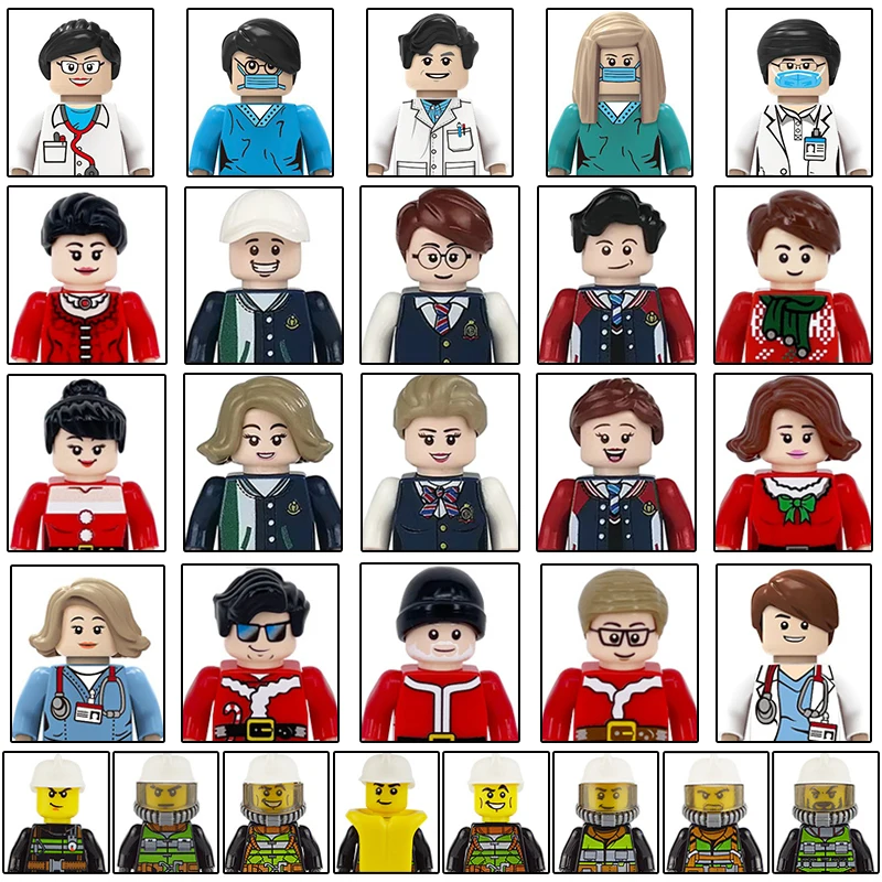 Детские игрушки, фигурки города, строительные блоки, пожарные, врачи, медсестры, студенческий Рождественский персонаж, атлетики, полиция, солдаты, кирпичи