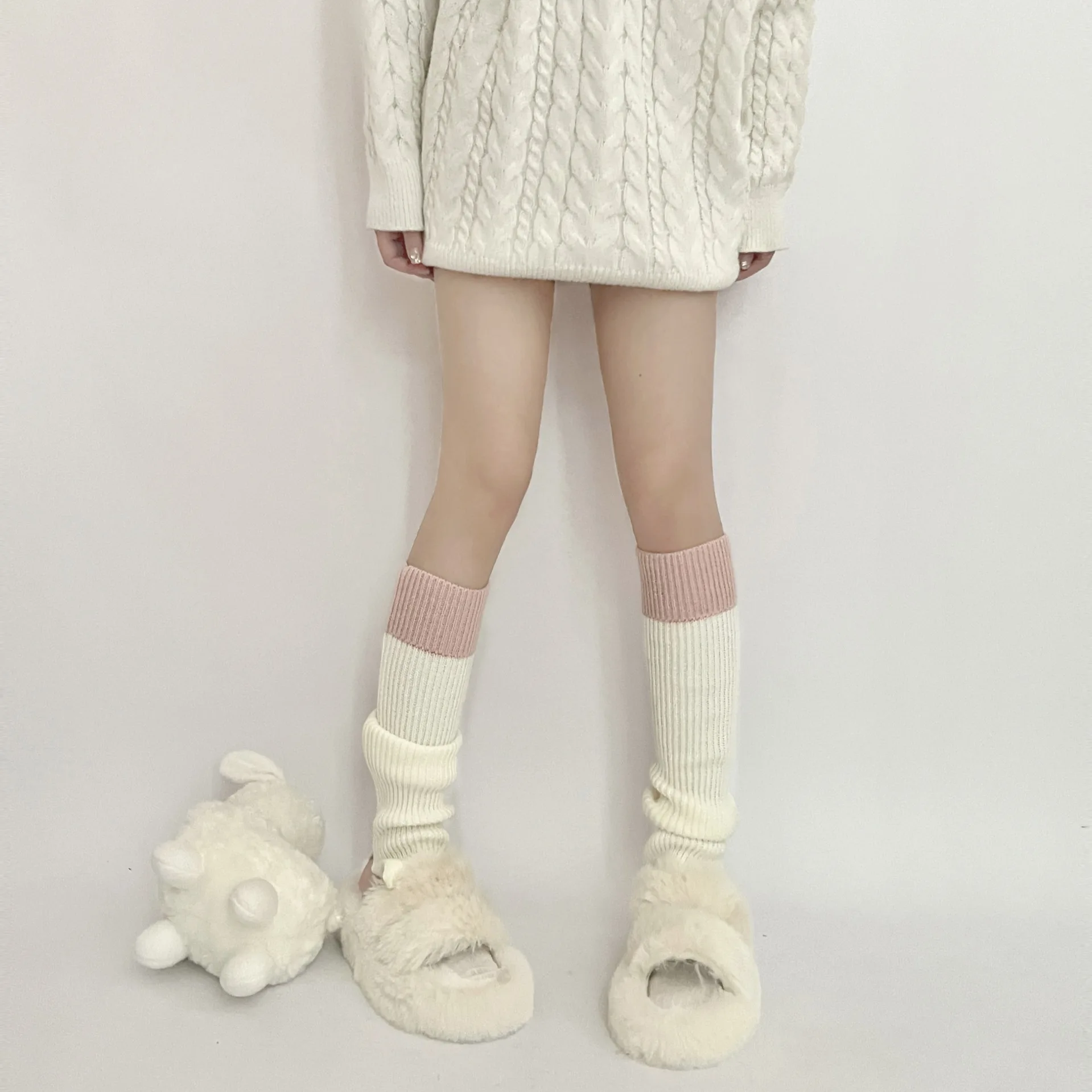 Women Knitting Leg Warmers School Student Acrylic Down  Trim Foot Cover Socks Middle Tube